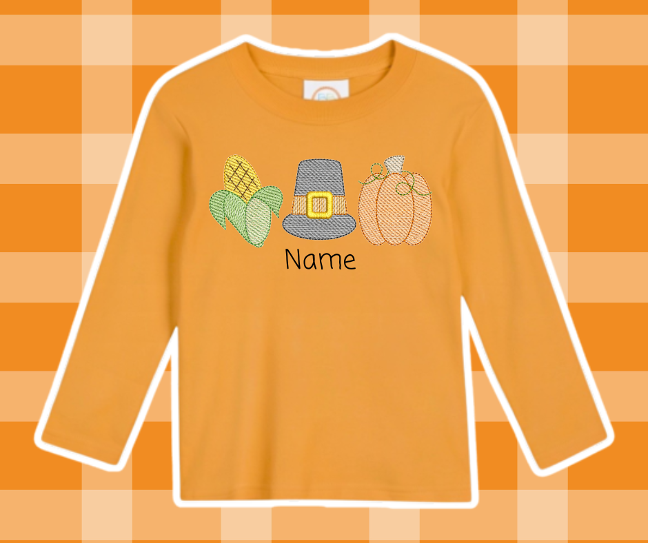 Corn Pumpkin Pilgrim Thanksgiving Fall Embroidered Sketch Basics