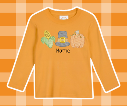 Corn Pumpkin Pilgrim Thanksgiving Fall Embroidered Sketch Basics