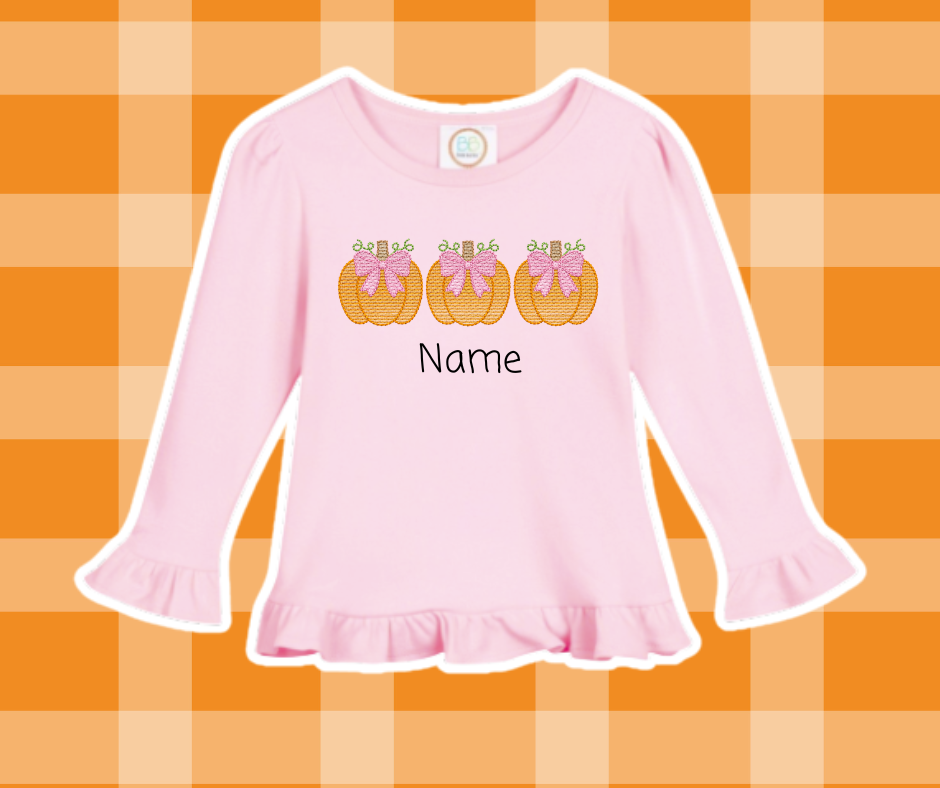 Pumpkin Trio Bow Fall Sketch Embroidered Kids Basics