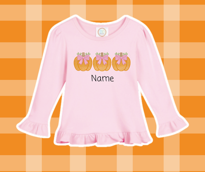 Pumpkin Trio Bow Fall Sketch Embroidered Kids Basics