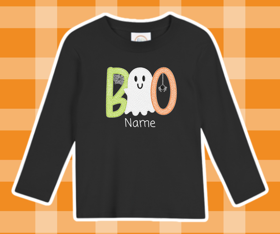 Boo Ghost Halloween Fall Sketch Embroidered Kids Basic