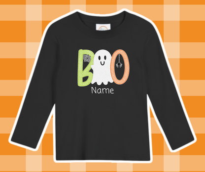 Boo Ghost Halloween Fall Sketch Embroidered Kids Basic