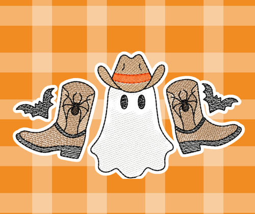 Ghost Boot Cowboy Halloween Fall Sketch Embroidered Kids Basic