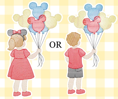 Girl or Boy with Mouse Balloon Magical Moments Embroidered Basic