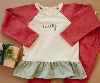 PREORDER - Casual Christmas Colorblock Sweatshirt With Ruffles