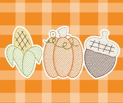 Corn Pumpkin Acorn Thanksgiving Fall Embroidered Sketch Basics