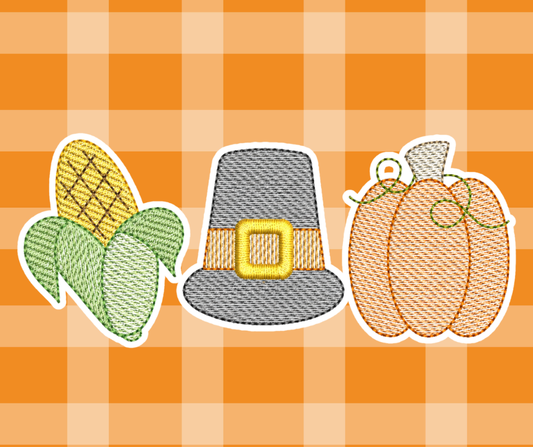 Corn Pumpkin Pilgrim Thanksgiving Fall Embroidered Sketch Basics
